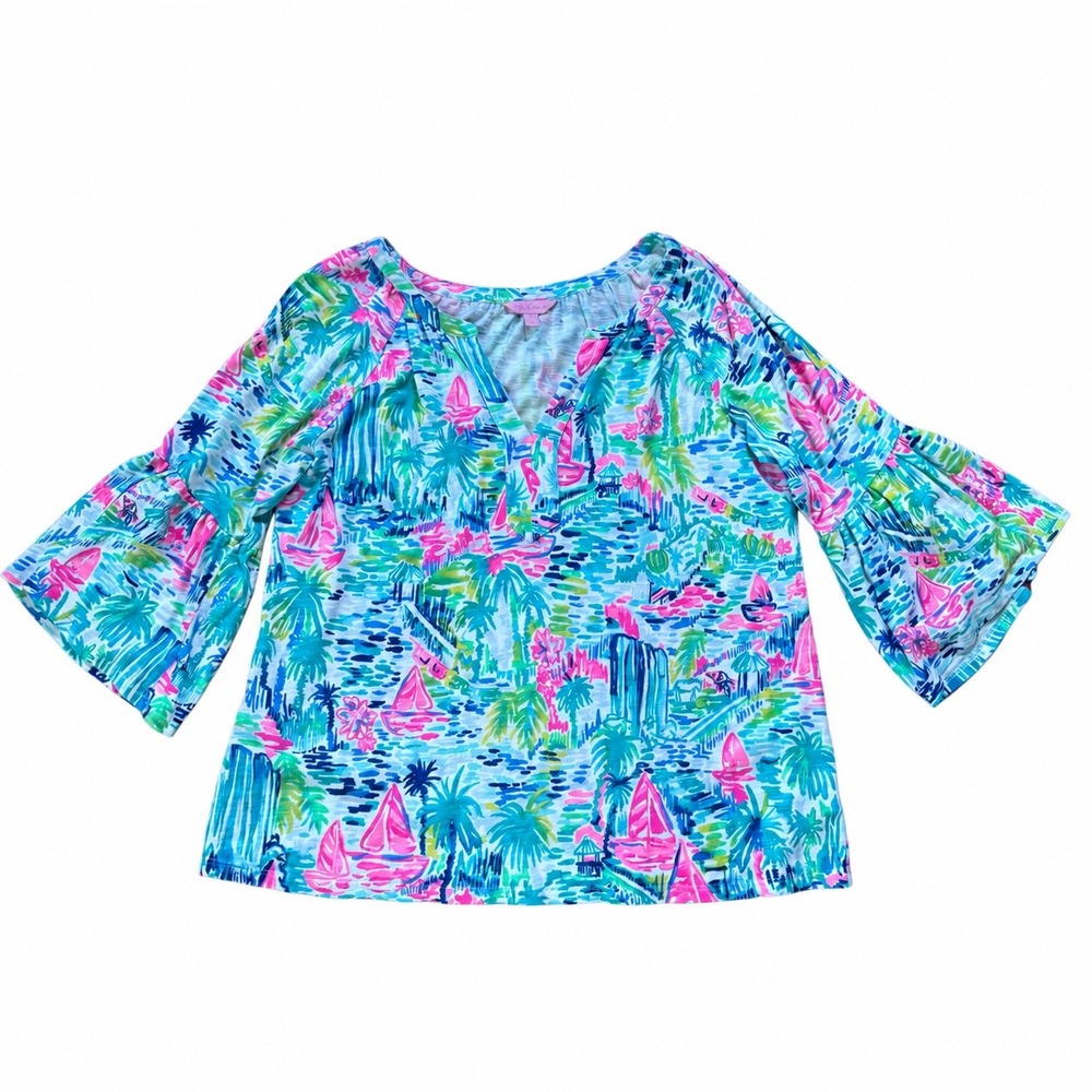 Lilly Pulitzer Women L Tropical Sailboat Palm Tree Print Bell Sleeve V-Neck Top